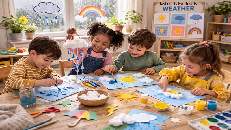 Fast crafts LWMFCrafts activity showing four children making crafts including sun, clouds, rain, and rainbow artwork using paper, cotton, and colors.