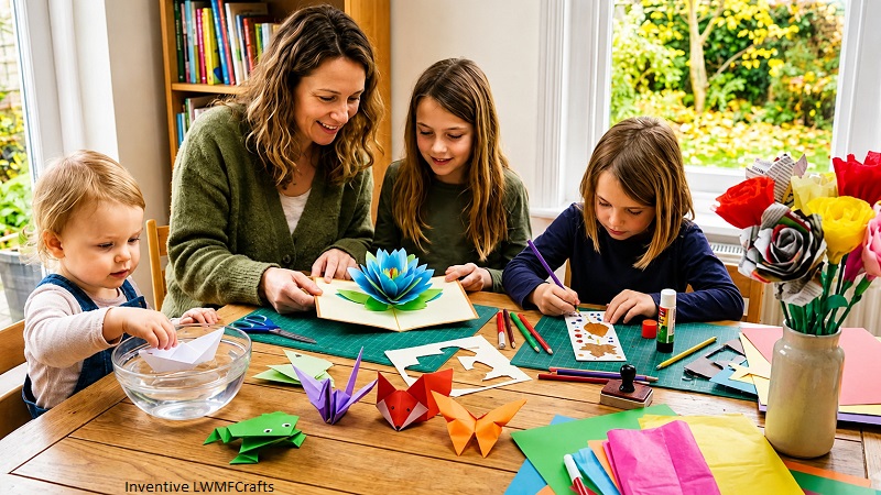 Mother and three children doing inventive LWMFCrafts DIY paper crafts and origami together at a home table with recycled craft materials.