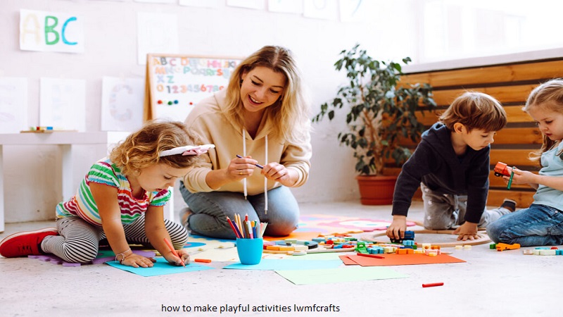 Mother helping children with fun craft projects while learning how to make playful activities LWMFCrafts at home