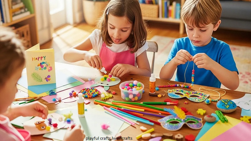 Playful Crafts LWMFCrafts activity featuring children creating colorful DIY projects with beads, paper crafts, and decorative materials.