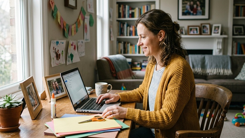 Mother using a laptop at home while working on a craft project, relevant to contact look whatmomfound