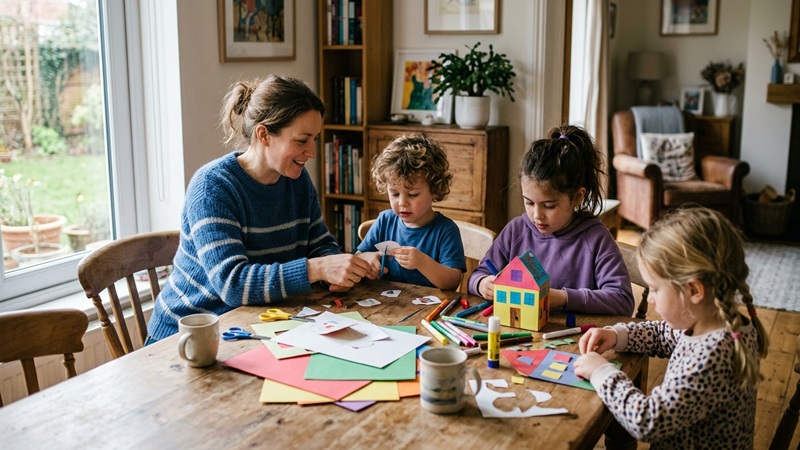 Mother and three children making crafts together at home, representing email look whatmomfound.