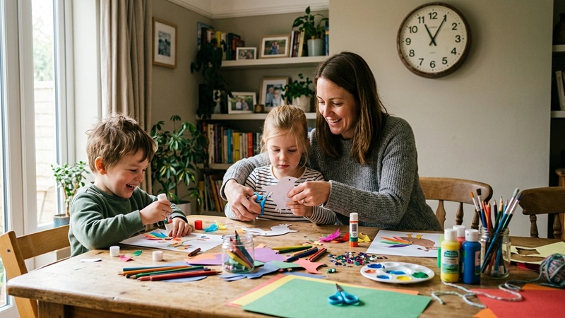 A mother helping her daughter cut paper craft at a table with her son while craft supplies and a wall clock are visible in the background.